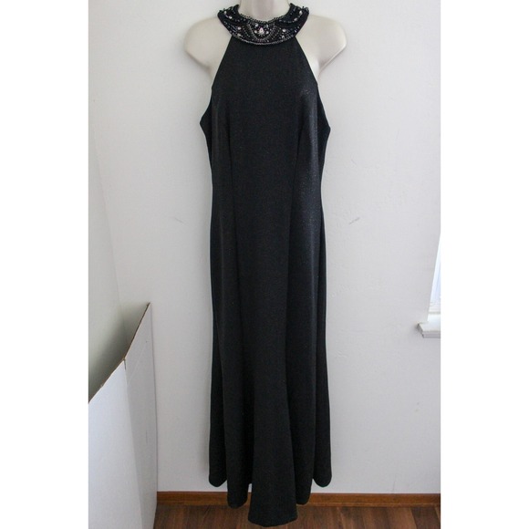 Marina Formal Dress Size 6 Black Sparkles Long Halter Beaded Gown Sleeveless - Picture 1 of 11